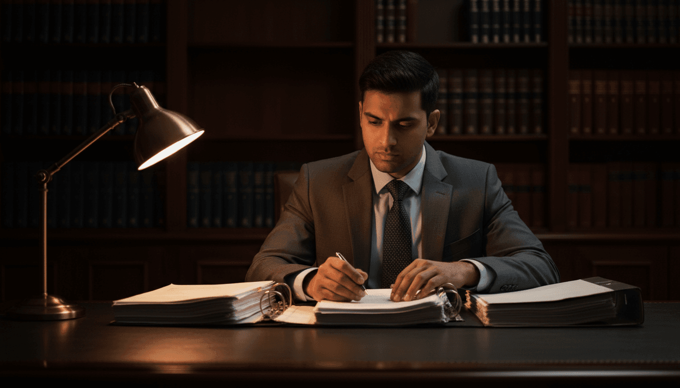 Advocate reviewing legal case files with focused expertise