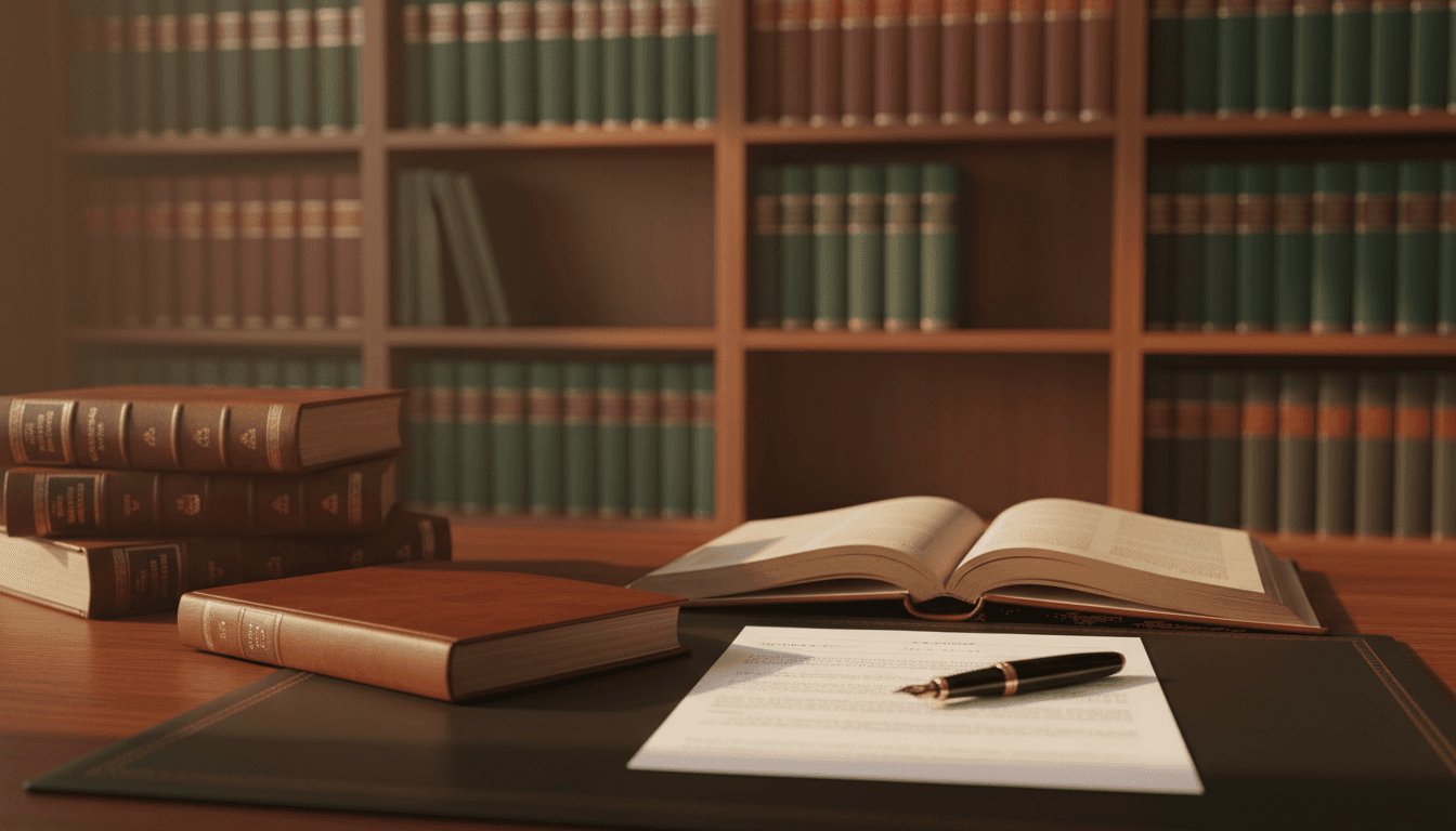 Professional legal workspace with law books and documents on wooden desk