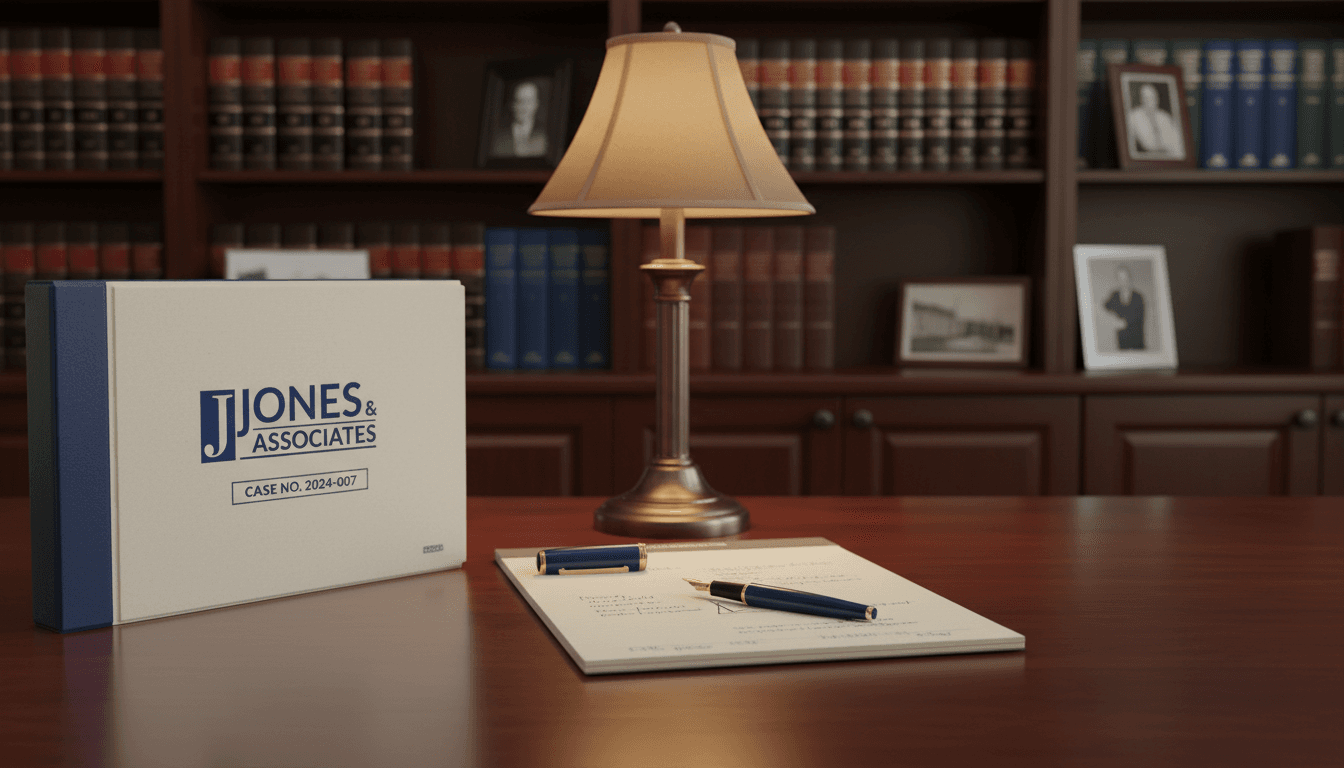 Professional legal office desk with case files and notes in warm lighting