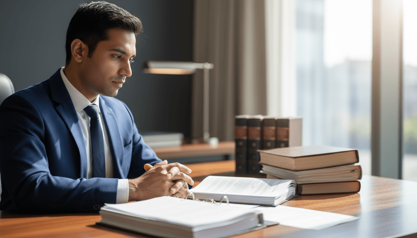 Advocate reviewing legal documents with focused concentration