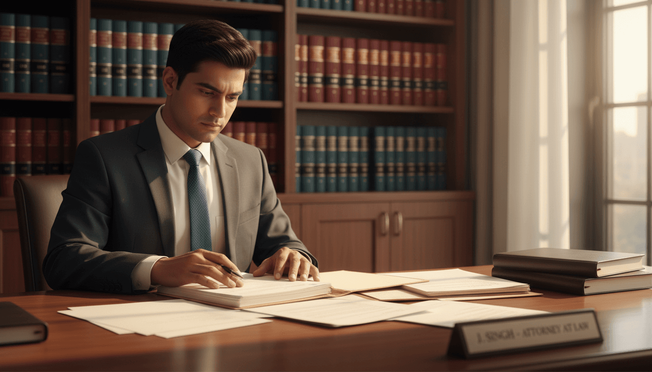 Advocate reviewing legal documents at desk