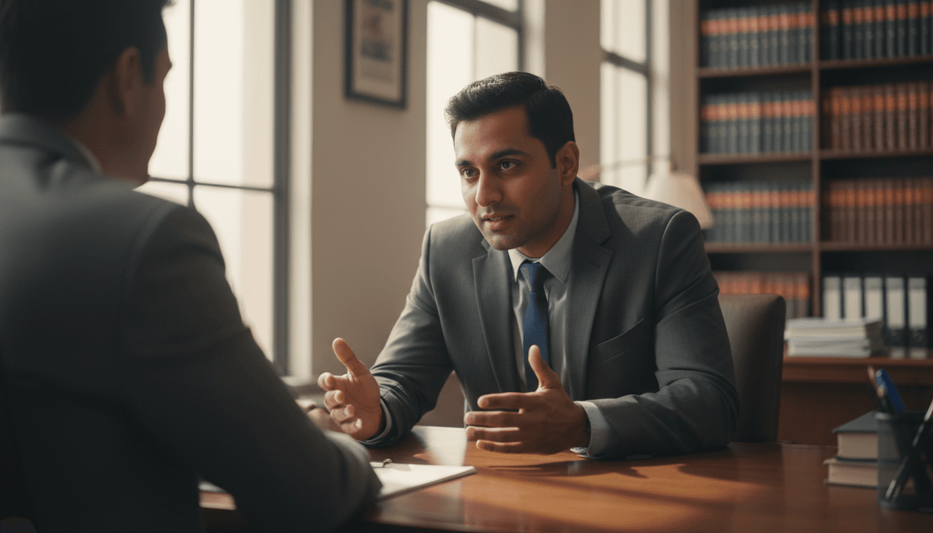 Advocate Akash Singhai listening intently to a client during consultation