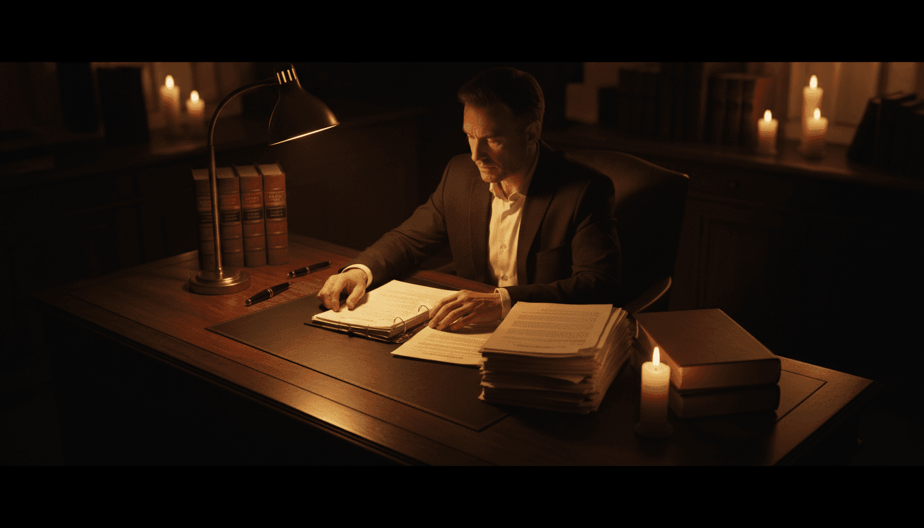 Advocate reviewing legal documents with focused concentration at desk