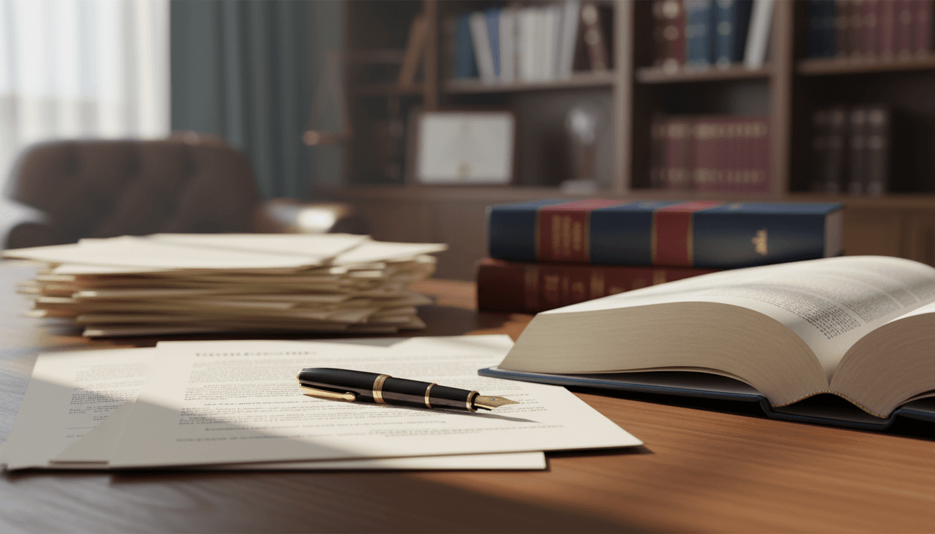 Legal documents and law book on professional desk