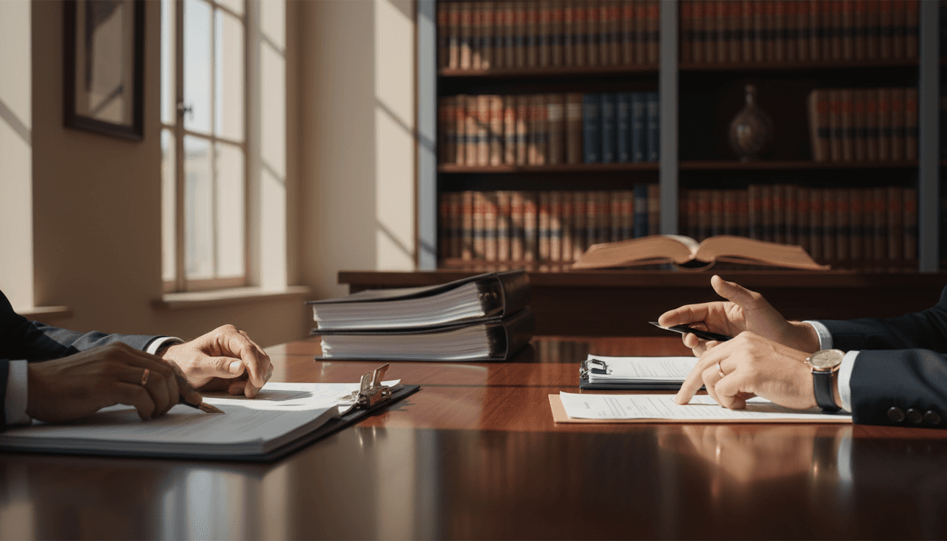 Attorney reviewing legal documents at a desk in a professional office setting