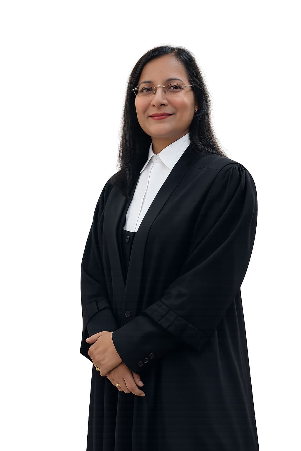 Smiling woman with glasses wearing a black judicial robe over a white collared shirt.