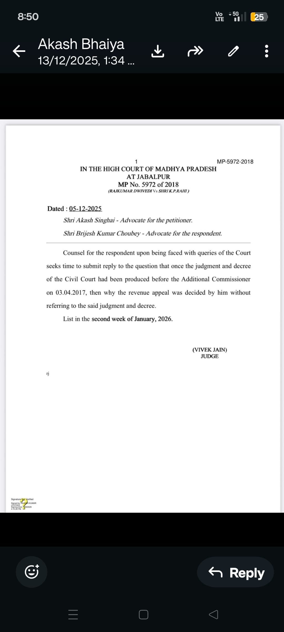 Legal document from High Court of Madhya Pradesh at Jabalpur regarding case MP 5972.